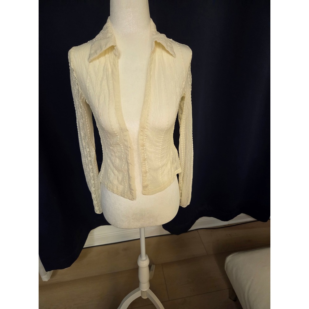 Stradivarius Cream Lace Button Down Long Sleeve Top Sheer Floral Blouse Small